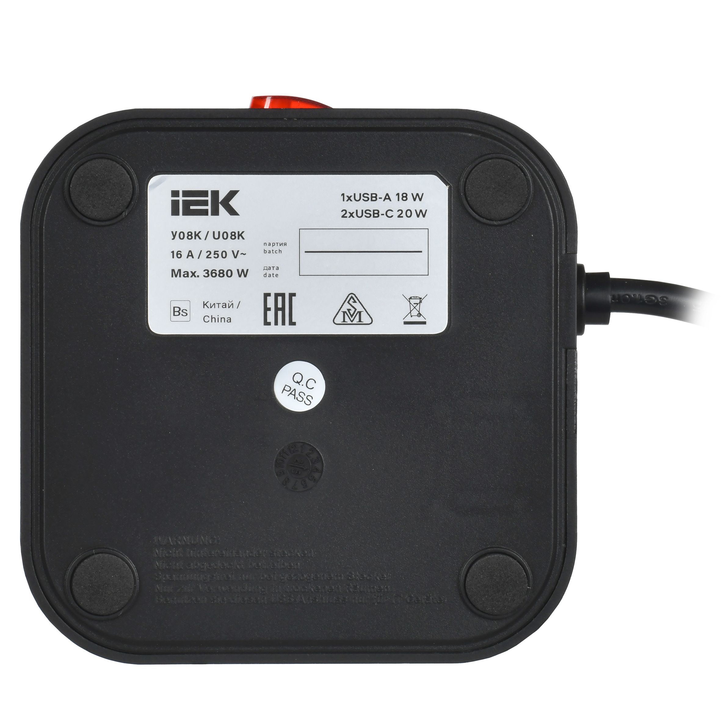 DOMINIC Удлинитель У08K 8 мест 2P+PE 1,5м 3х1,0мм2 16А/250В USB A+C 20Вт черный ИЭК