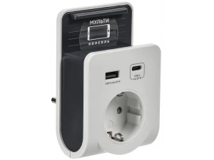 Адаптер Т-03/01 1 место 2P+PE 16А 2хUSB A+C 20Вт с подставкой бело-черный IEK